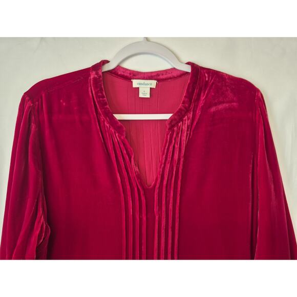 Sundance *In Deep Red* Velvet Pleated V-Neck Shift Dress Large Silk Blend - Picture 4 of 9